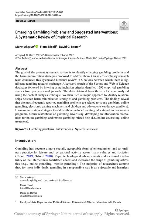 Emerging Gambling Problems and Suggested Interventions: A  .